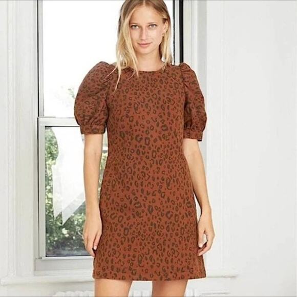 NWT Universal Thread Leopard Print Denim Dress Puff Shoulder - Picture 1 of 5